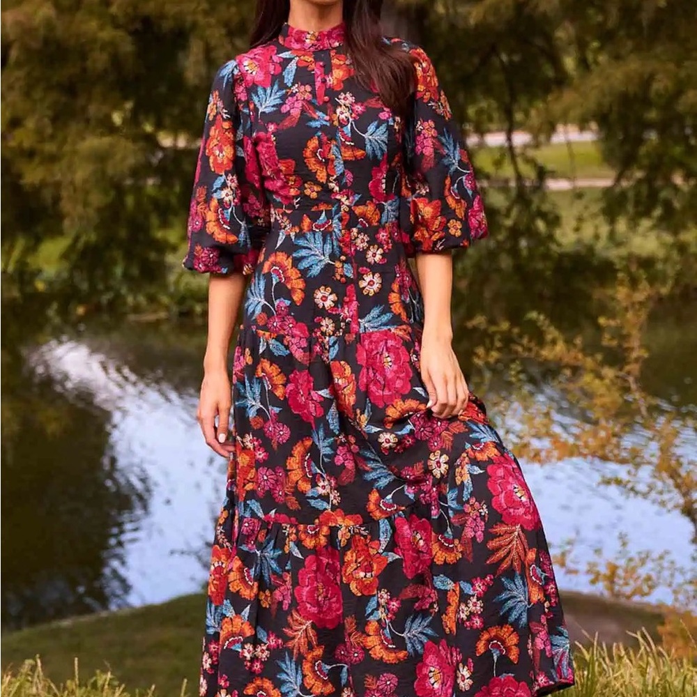 Black Floral Tiered Maxi Dress with Magenta & Teal Accents